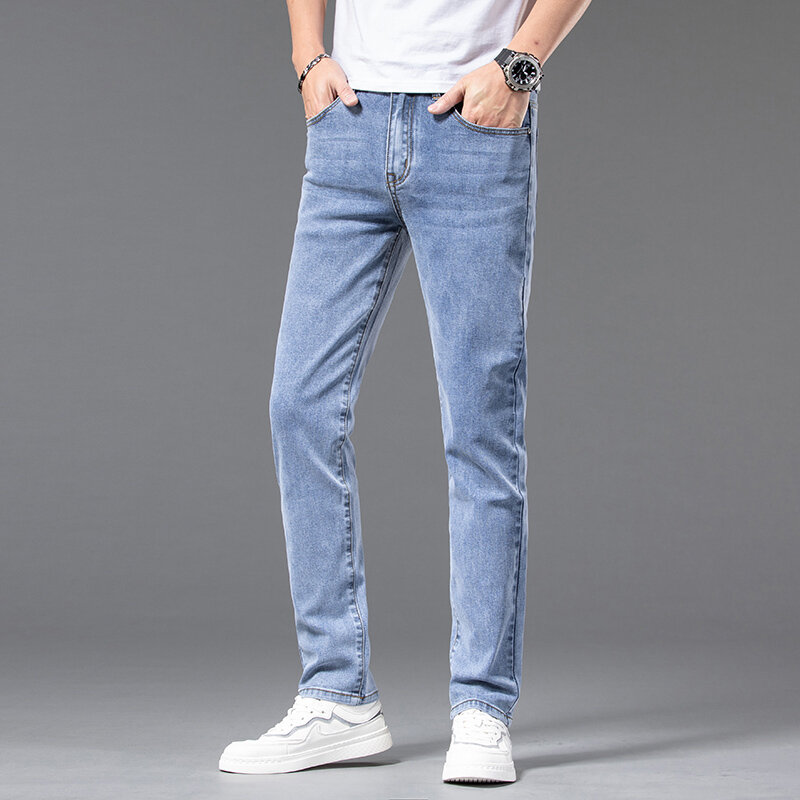 Verão outono nova marca masculina ajuste em linha reta fina algodão estiramento jeans clássico bolso juventude leve azul calças