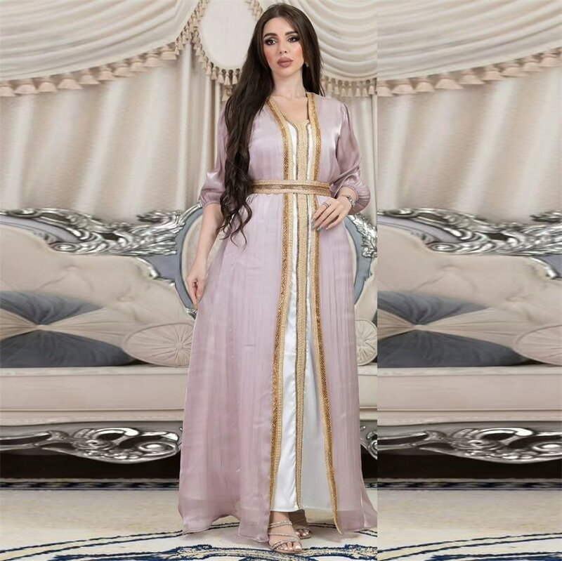 Abaya-Caftan marocain en satin pour femme, robe de luxe, manches lanterne élégantes, diamants, ensembles musulmans, robes du Ramadan, 2024, 3 pièces