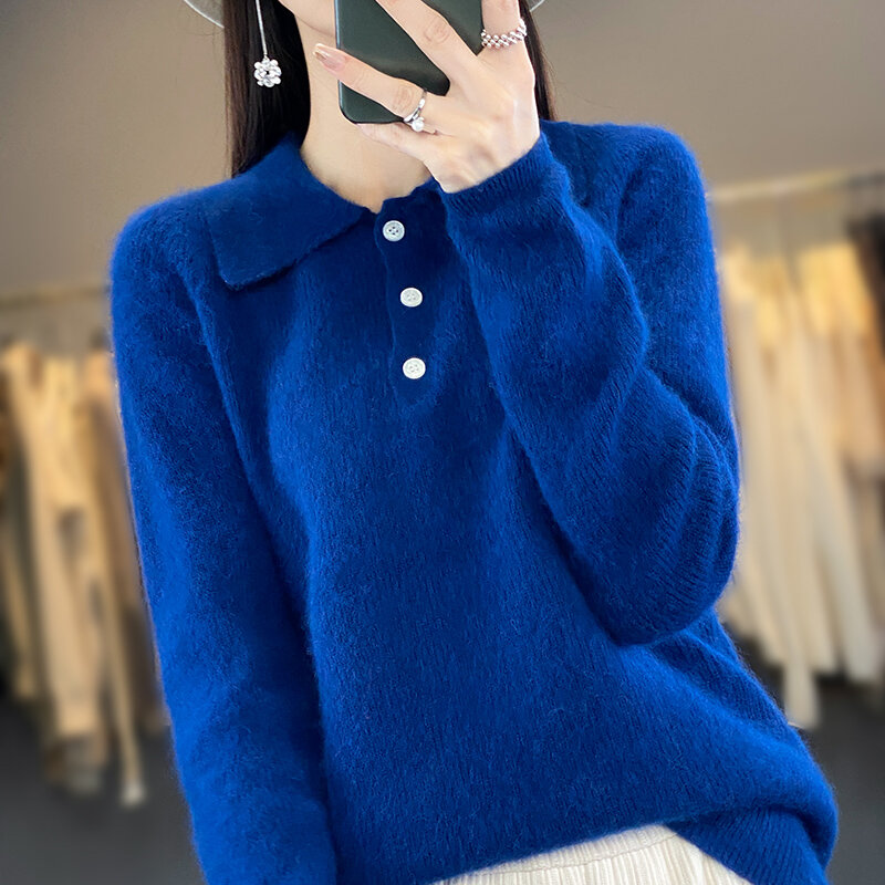 2024 jesień/zima nowa 100% norek kołnierzyk Polo damska moda jednolity kolor luźny sweter z dzianiny ciepły długi rękaw
