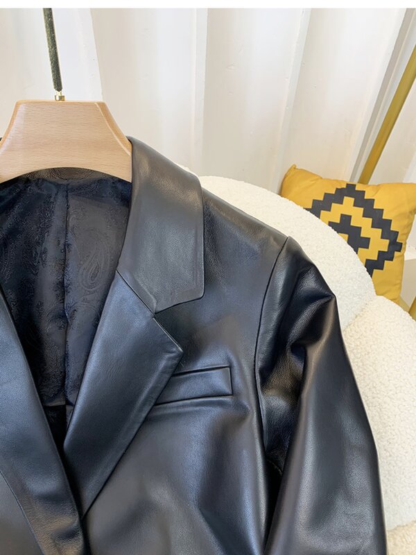 女性のためのダブルブレスト本革ブレザー,高品質のジャケット,エレガントなコート,韓国スタイル,春のファッション,c012,2022