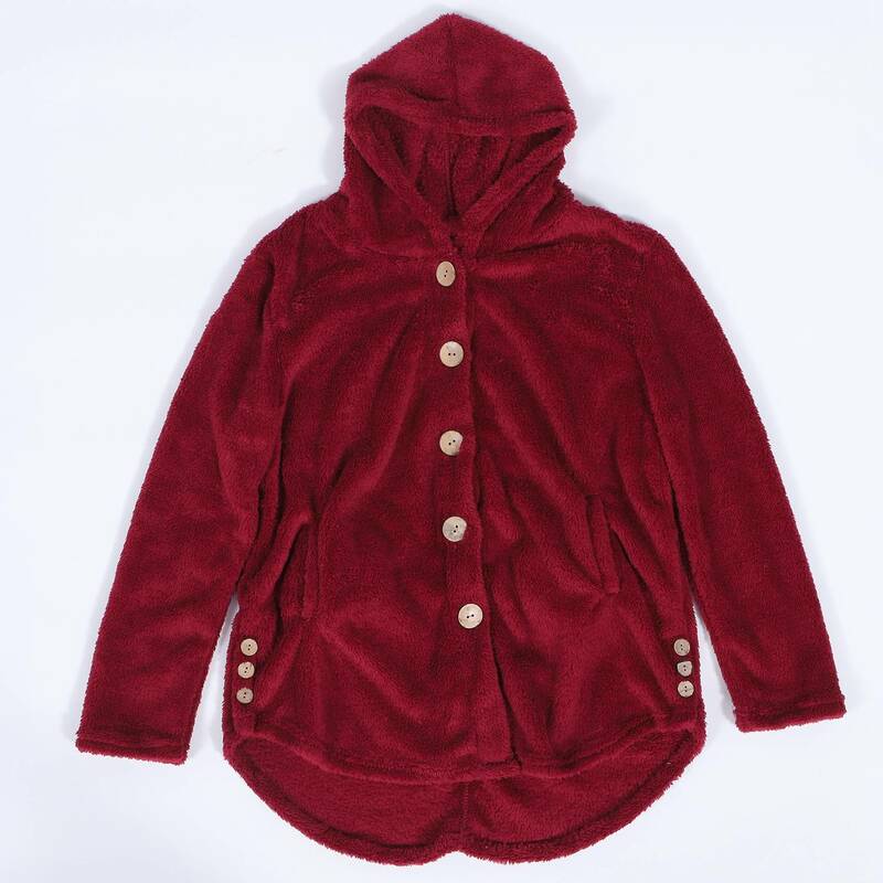 Mantel wanita, atasan ukuran besar berkerudung longgar kancing musim dingin, merah anggur XXL