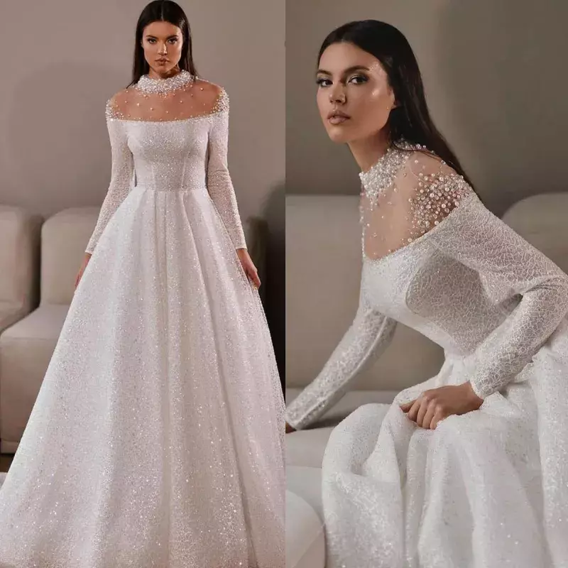 Elegant wedding dress custom train gown De Mariee Vestidos De Novia with beads and pearls o neckline glitter lace bridal gown