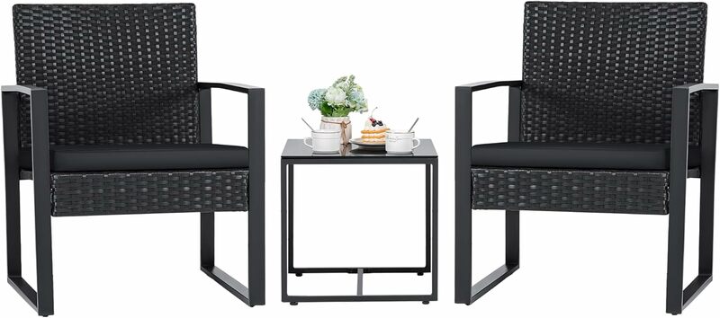 Set da 3 pezzi per Patio Set di mobili in vimini per esterni Set di conversazione per sedie moderne in Rattan con tavolino da caffè per cortile e bistrot