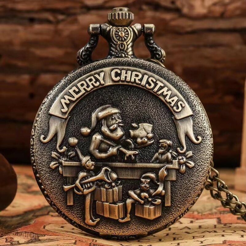 ساعة جيب كوارتز برونزية عتيقة ، قلادة قلادة سانتا للرجال والنساء ، هدية عيد الميلاد