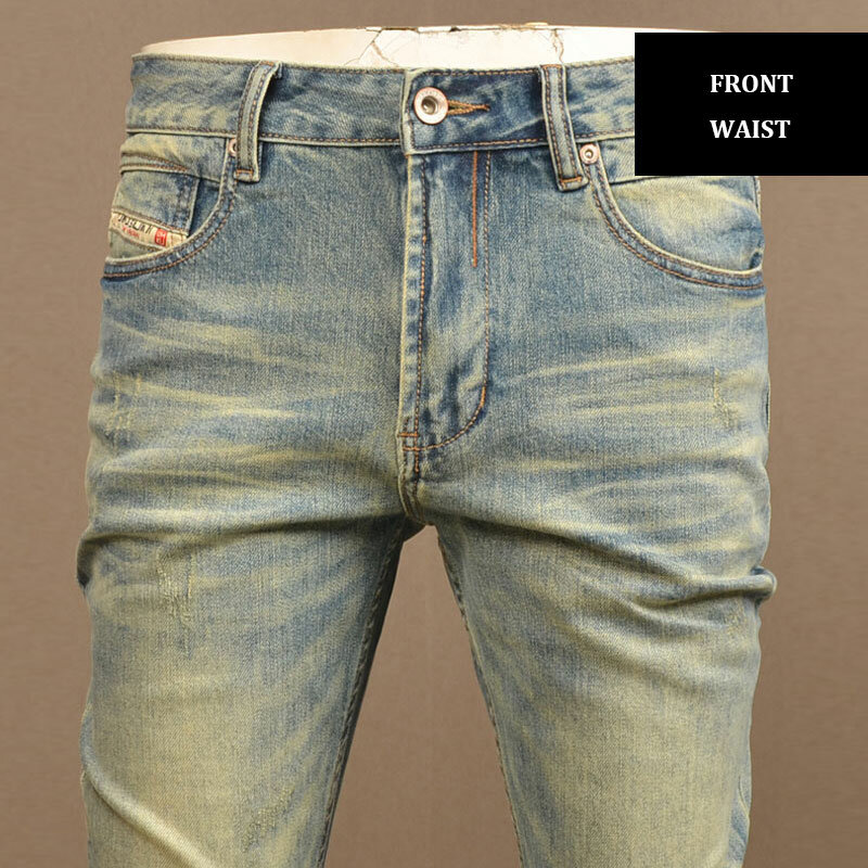 Italienische Mode Mode Männer Jeans hochwertige Retro gewaschene blaue Stretch Slim Fit zerrissene Jeans Männer Vintage Designer Jeans hose