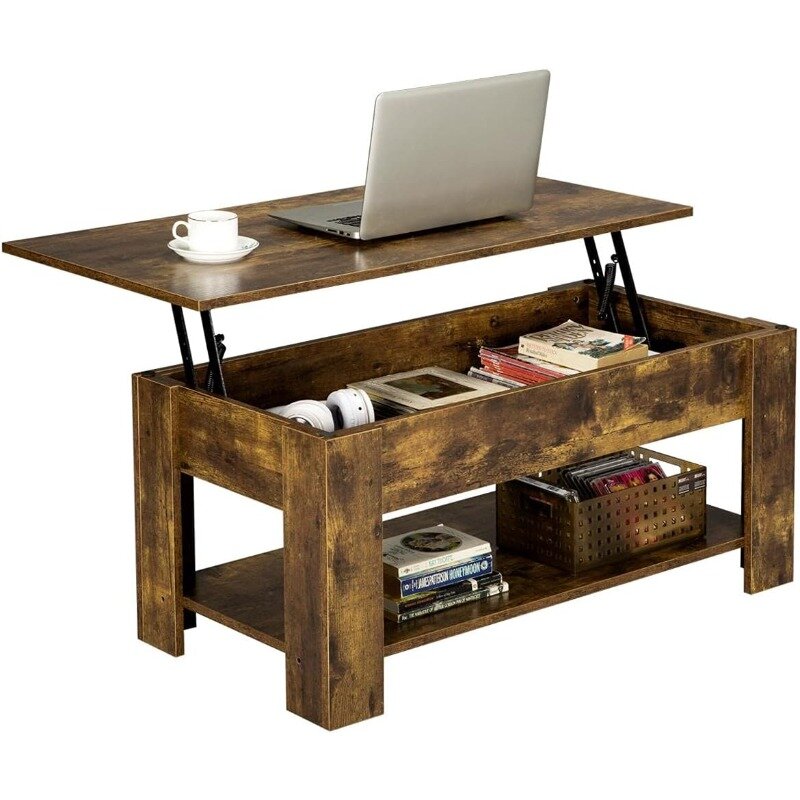 Lift Top Coffee Table with Hidden Compartment and Storage Shelf, Rising Tabletop Dining Table for Living Room Reception Room