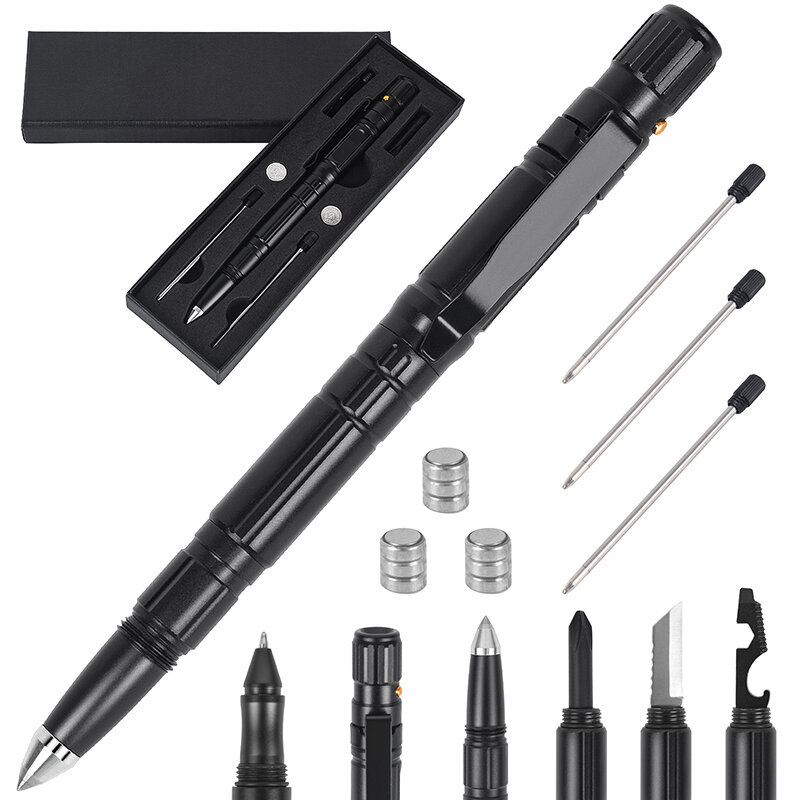 ミリタリータクティカルペン、6-in-1自己防衛ペンLED懐中電灯、緊急ガラスブレーカーペン、3つの詰め替えツールを備えたライティングツール