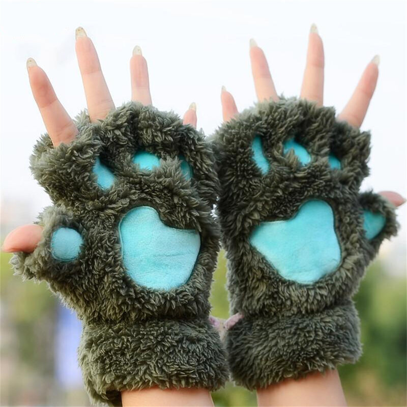 Girl's Winter Warm Gloves Cute Cartoon Open Finger Cat Claw Gloves Thickened Plush Bear Palm Half Finger Gloves Outdoor Mittens