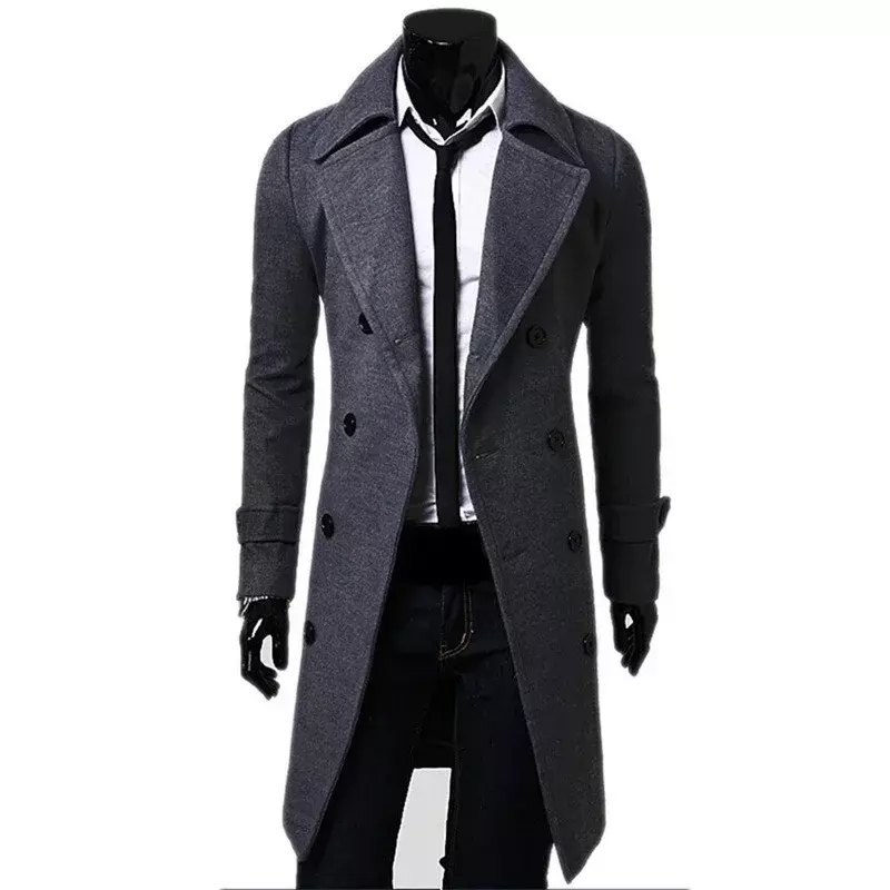 Мужской двубортный тренчкот, однотонная Повседневная приталенная длинная куртка из смеси шерсти, модная мужская одежда, осень-зима 2023