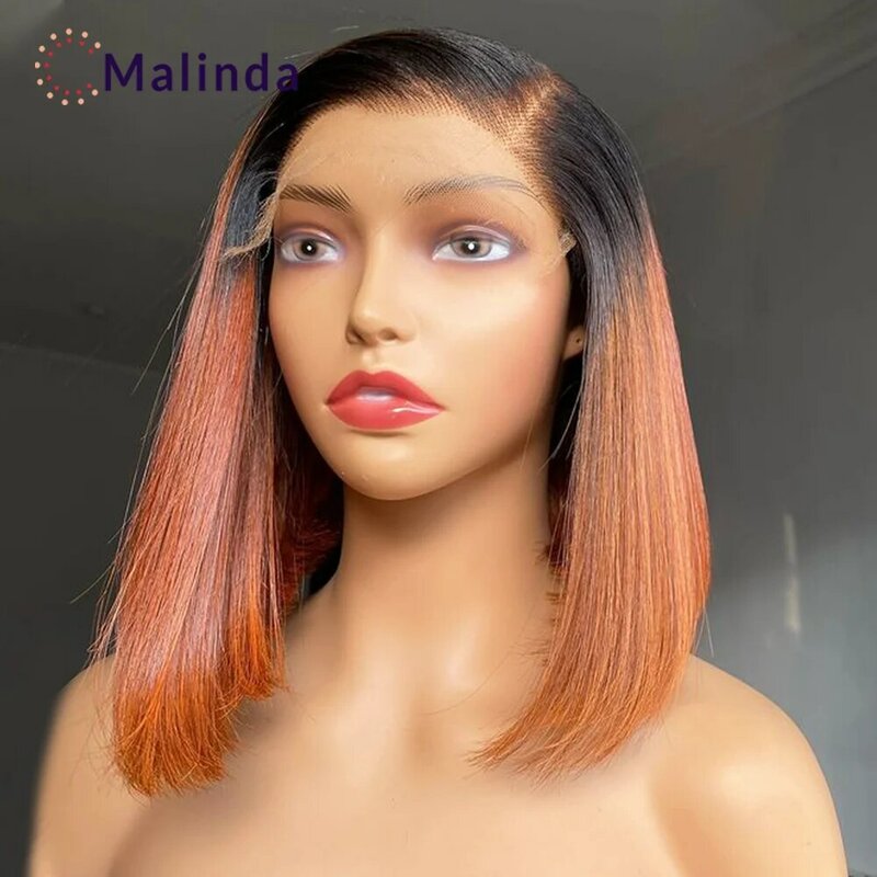 Ombre imbir pomarańczowy krótki Bob 13x4 bezklejowa koronka z przodu ludzkie włosy peruki proste Bob przezroczyste peruki typu Lace Front dla kobiet