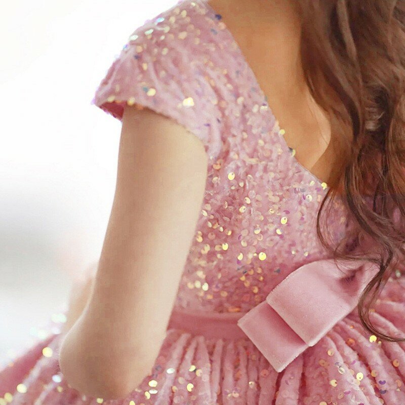 Vestidos flor rosa para casamentos, lantejoulas inchadas, espumante, festa noturna, baile, primeira comunhão, concurso, princesa, crianças, vestidos de baile