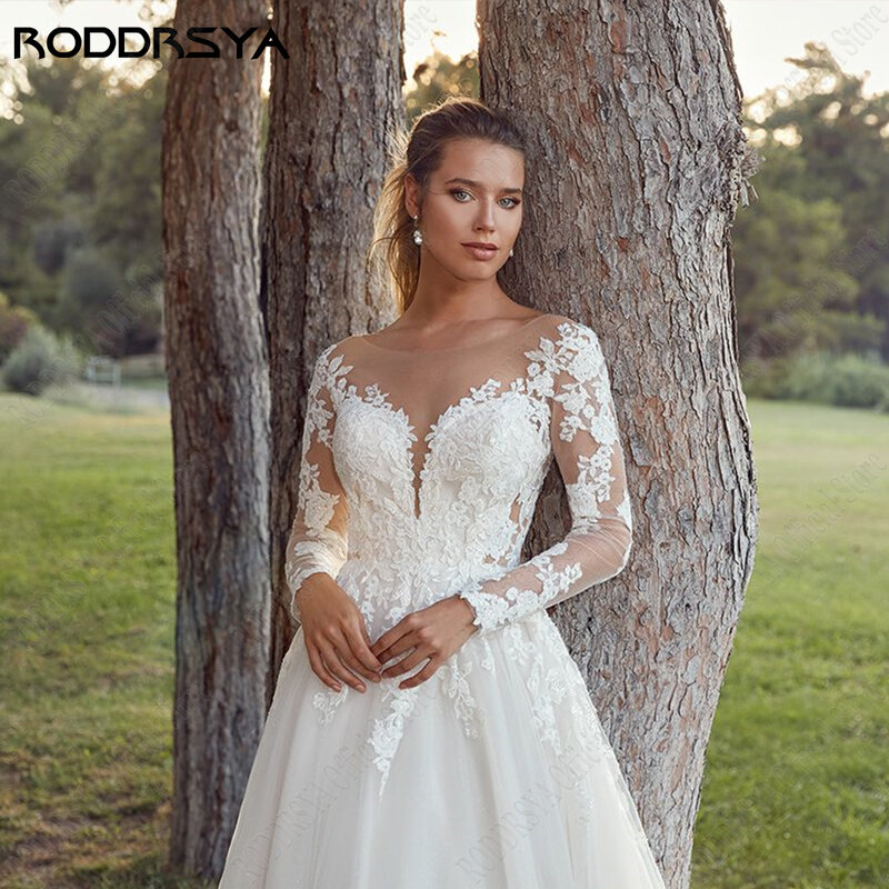 Roddrsya pastrol ชุดแต่งงานสำหรับผู้หญิงแขนยาวภาพลวงตาด้านหลังชุดเจ้าสาว applique A-Line Tulle vestidos de novia