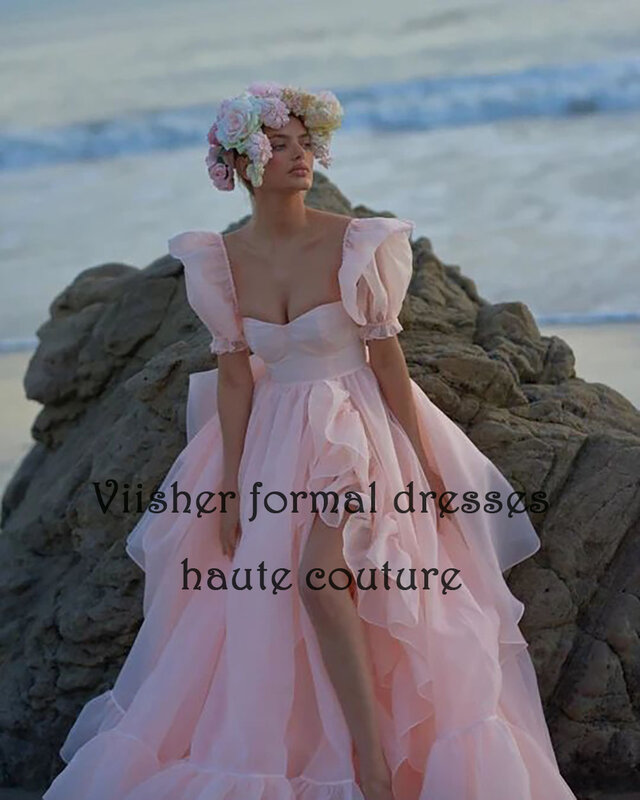 Viisher Baby Pink Organza A Line Prom Dresses with Slit Short Sleeve Sweetheart Evening Party Dress Backless Beach Formal Gowns