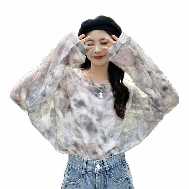 Camiseta feminina de manga comprida, respirável, com gola O, malha, à prova de sol, solta, combina tudo, tops chiques, verão, estilo coreano