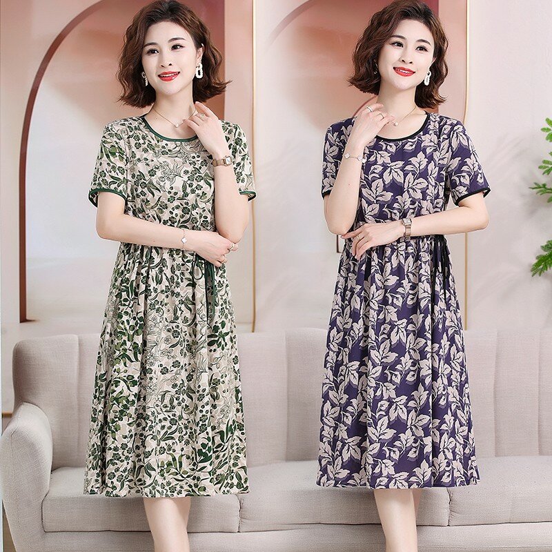 Dresses Women 2024 New Summer Elegant Floral Print Drawstring Maxi Dress Casual Loose Mommy Clothes Robe Femme