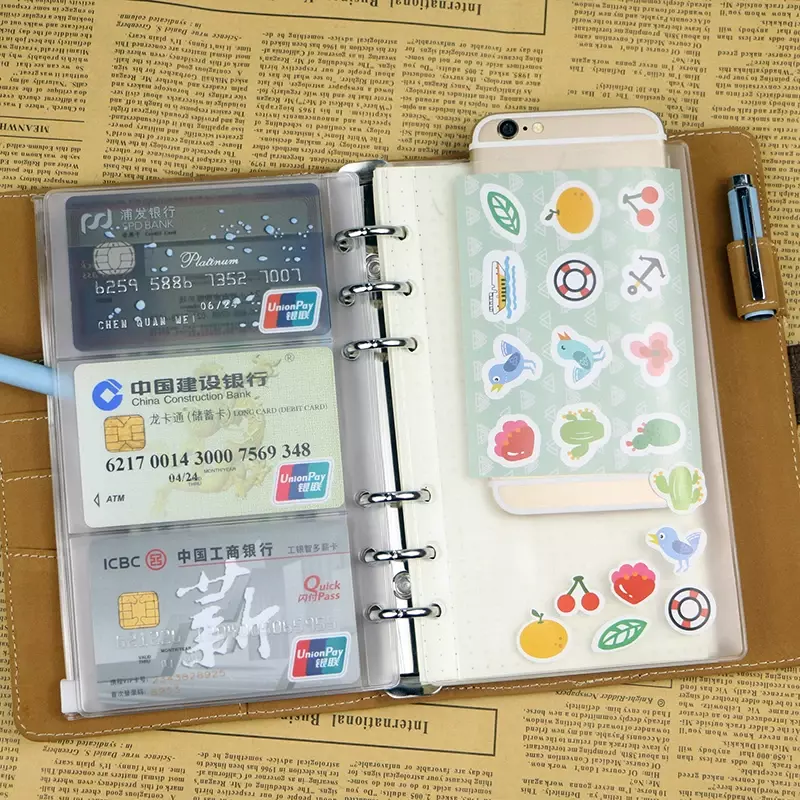 Bolsa de PVC con cremallera para tarjetas, organizador de almacenamiento de hojas sueltas, bolsillos transparentes estándar de 6 agujeros, A6