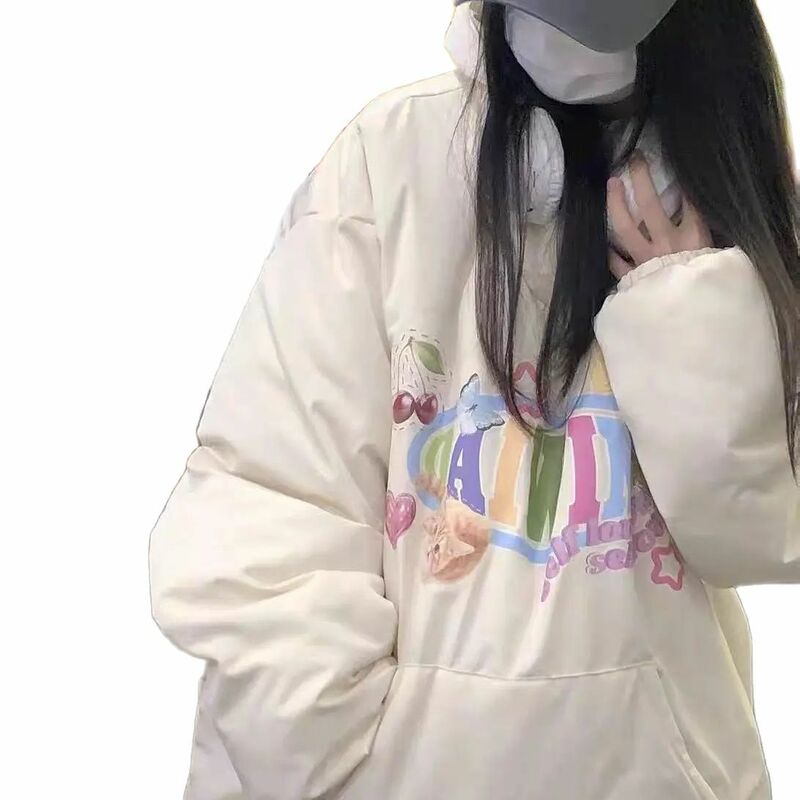 Hoodie engraçado de Harajuku para senhoras, casacos grossos de algodão, jaquetas extragrandes, doce parka de estudantes, inverno