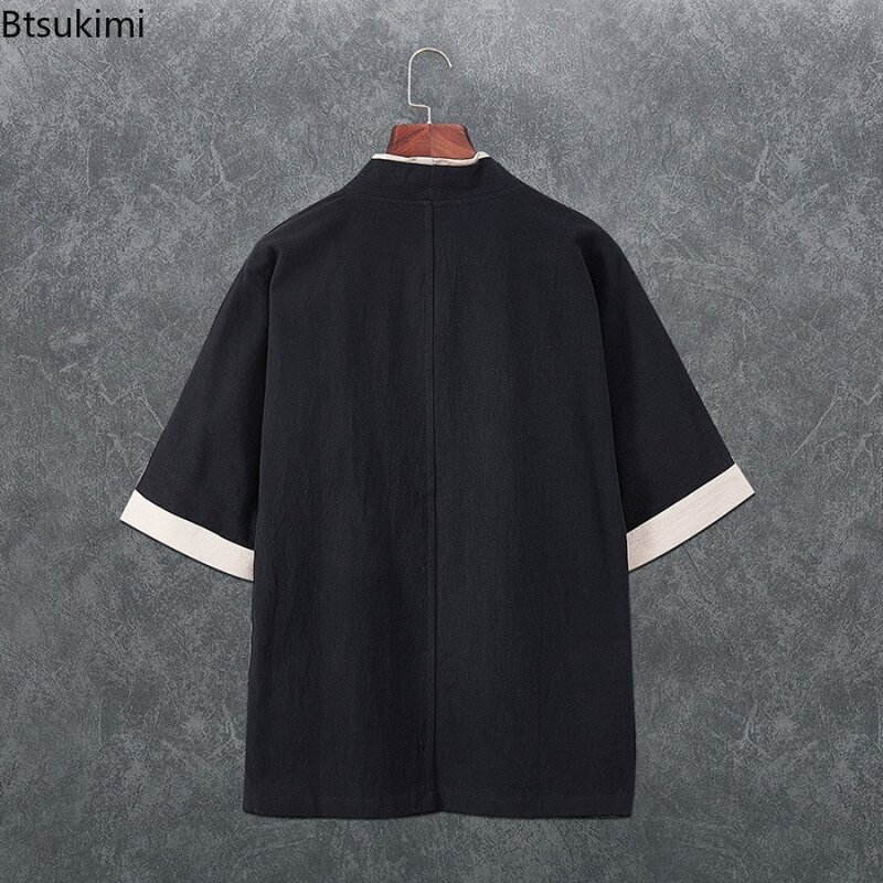 Cárdigan Kimono de lino de estilo chino para hombre, Tops informales de retales sueltos, ropa de calle de tendencia, camisa Harajuku, Hanfu