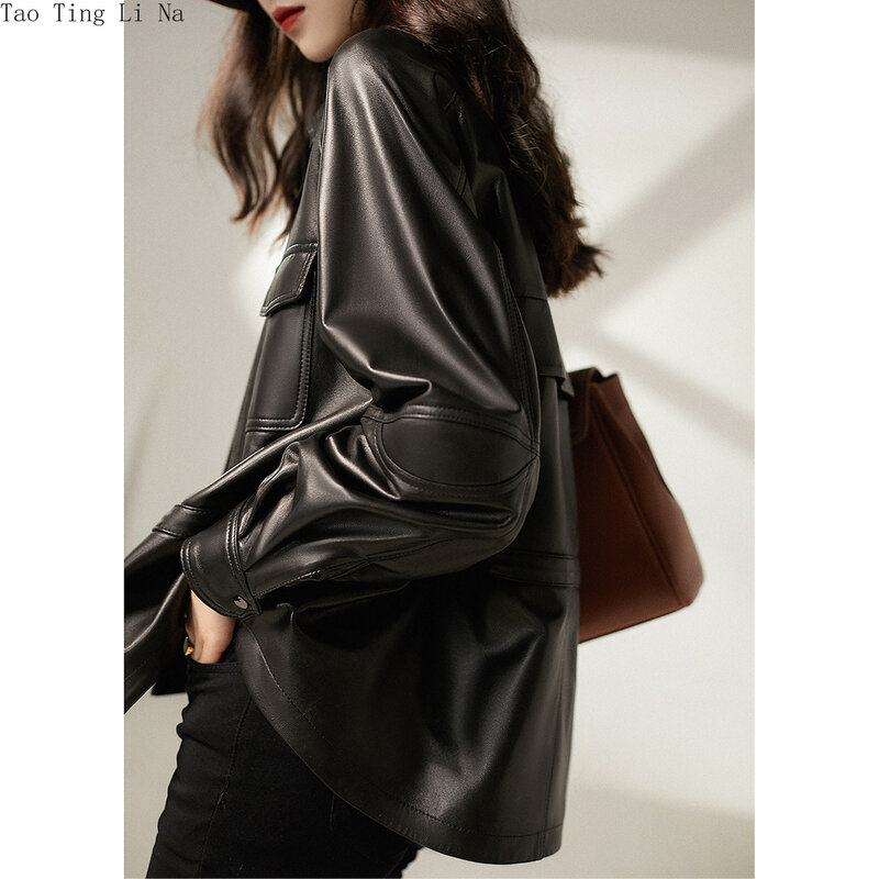 2022 New Spring and Autumn Waist Mid-length Leather Coat Genuine Real Sheepskin Leather Jacket W4