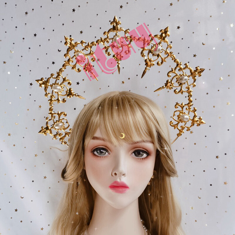 KC Halo Headpiece Lolita Sun เทพธิดา Baroque Tiara Gold Spike Halo Crown Headband ฮาโลวีน Christmas Party อุปกรณ์เสริมผม