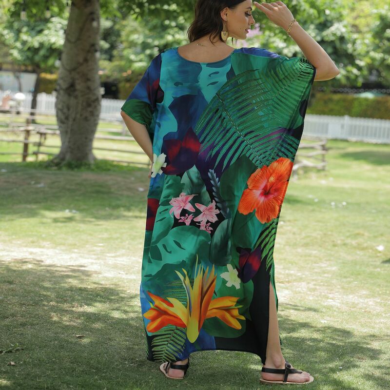 Floral impressão maiô cobrir robe de plage 2022 verão vestido boêmio plus size beachwear cover-ups praia kaftan pareo vestido
