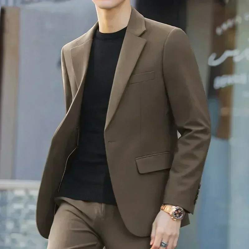 S-6XL setelan pakaian bisnis pria, kasual gaya Korea trendi Slim Fit 2 potong Set warna Solid (Blazer + celana) pengantin pria gaun pesta pernikahan