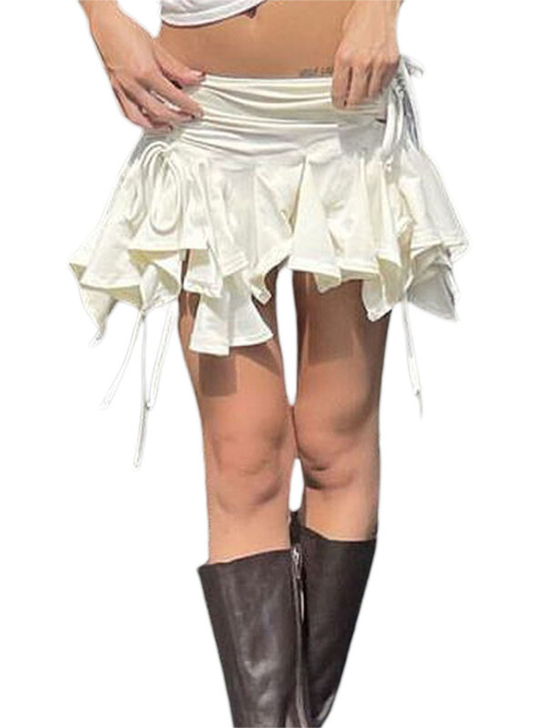 Mini-saia irregular irregular do punk gótico de cor sólida feminina, moda verão, cordão, gravata, ruched, babados, preto, branco