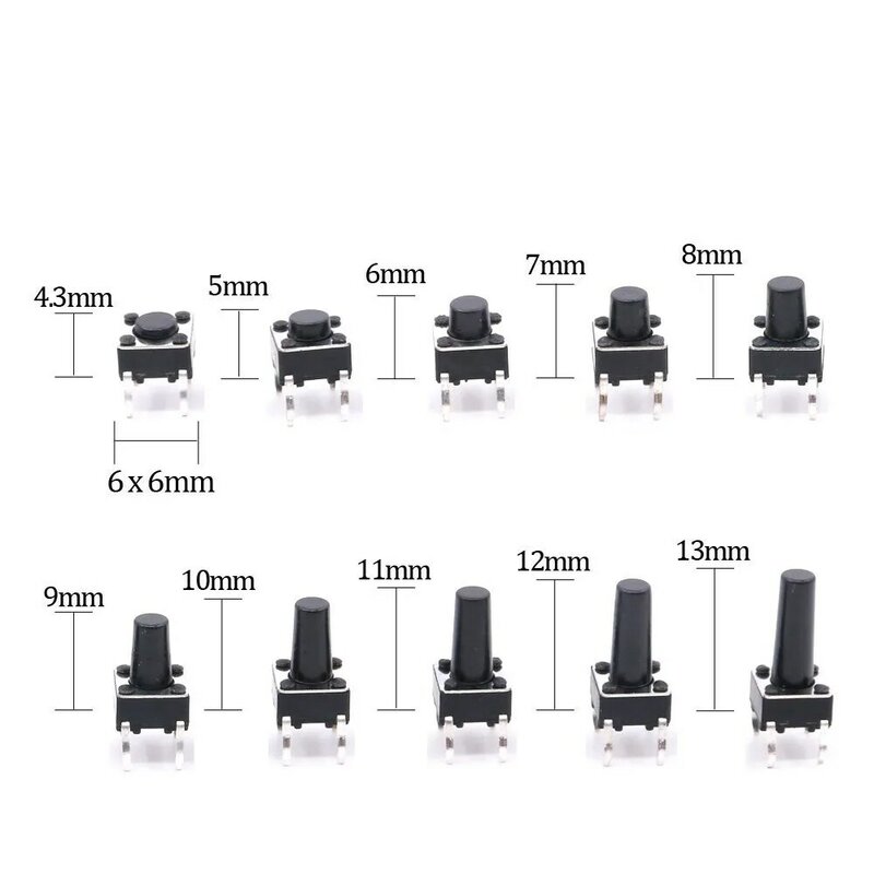 10 models 6*6 Tact Switch Tactile Push Button Switch Kit Height: 4.3 5~13MM DIP 4P micro switch 6x6 Key switch For Arduino