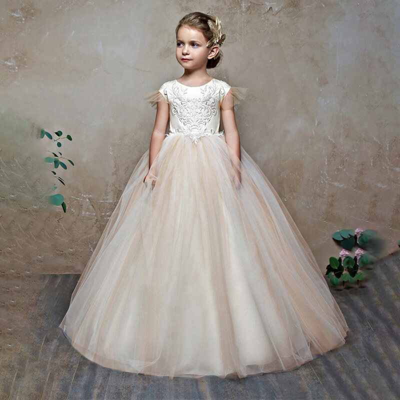 Sleeveless Appliques Lace Flower Girl Dress Ball Gown Tulle Christmas Birthday Party Dress for Kids Bow Belt Banquet Princess