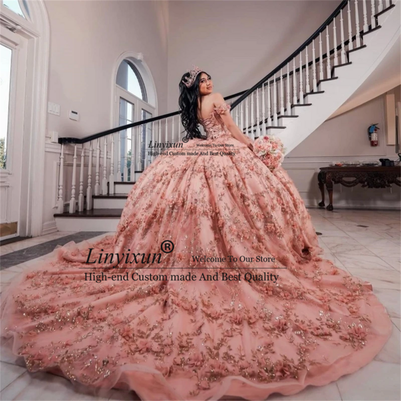 Роскошные Блестящие Розовые блестящие платья принцессы Quinceanera, украшенные бисером аппликации, кружевное цветочное фотоплатье, Тюлевое элегантное милое платье 15