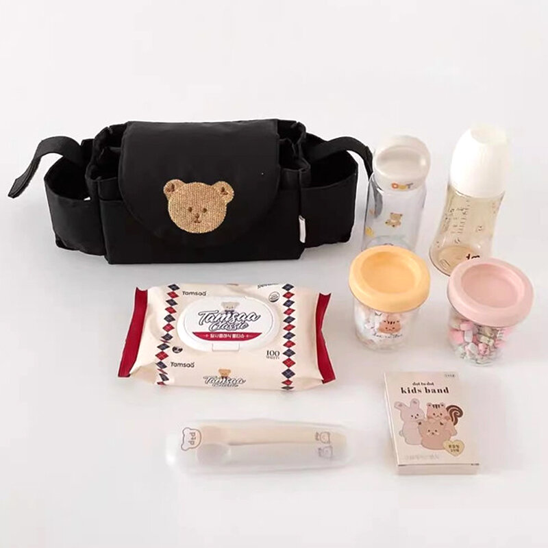 Портативная подвесная сумка для детской коляски, подвесная сумка для детской коляски, сумка для хранения с мультяшным медведем, сумка для мам с вышивкой
