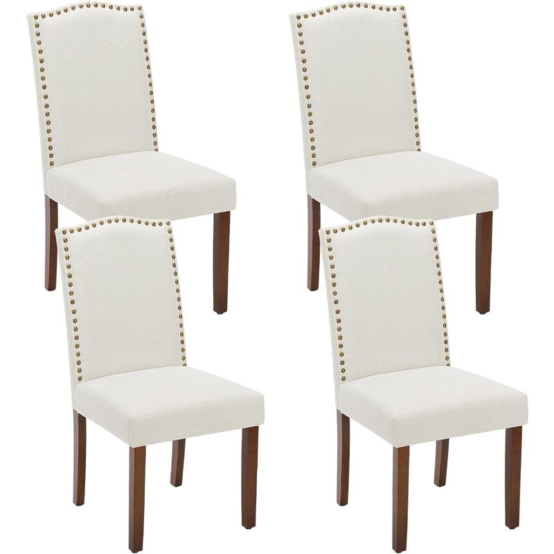 Juego de 4 sillas de comedor de tela, Asientos tapizados de estilo Parsons con adornos de cabeza de Nailhead y patas de madera, silla lateral de cocina