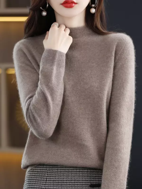 Fashion Basic Autumn Winter Soft Long Sleeve 100% Merino Wool Sweater Solid Color Mock Neck Pullover Cashmere Clothing Tops