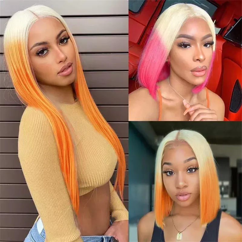 Lace 12 Inches Frontal Lace Wig Ladies Short Straight Bobo Wigs Gradual Change Orange Wigs Cosplay Fashion Fluffy