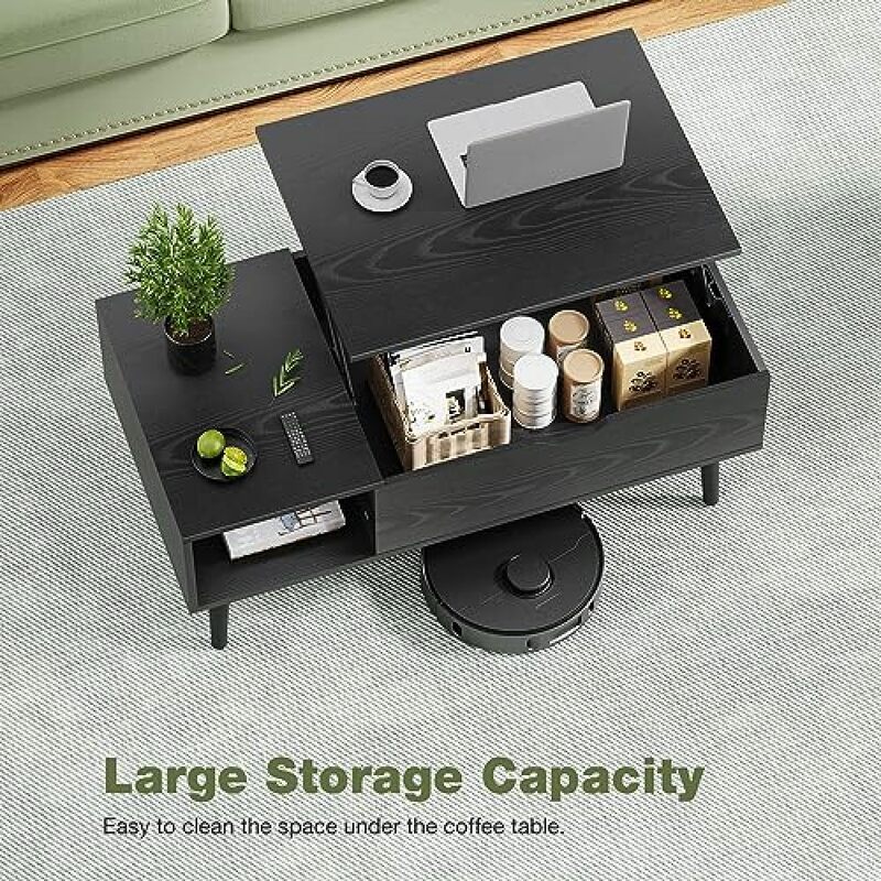 Modern Lift Top Coffee Table Wooden Furniture with Storage Shelf and Hidden Compartment for Living Room Office (Black)