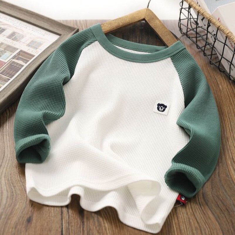 Simple Korean Children's Solid Color Waffle Long-sleeved Shirt T-shirt Men and Women Baby Loose Tops Kids Clothes 4-15years Old