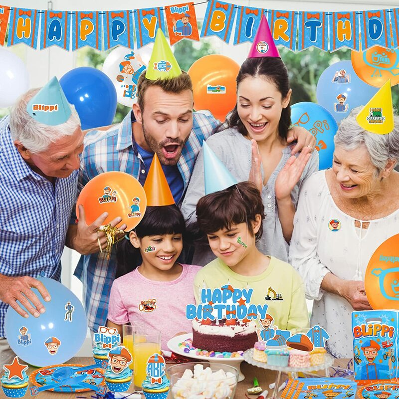 Blippiing dekorasi perlengkapan pesta ulang tahun Guru untuk spanduk anak-anak, atasan cangkir kue, balon, taplak meja, tas hadiah, serbet, piring