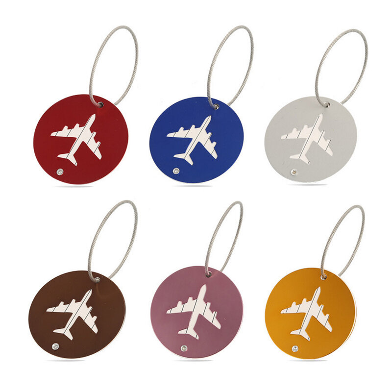 Etiquetas de equipaje circulares de aleación de aluminio con forma de avión, elevadores de embarque a cuadros, accesorios de viaje Ptgirl, etiqueta de equipaje de moda, 2019