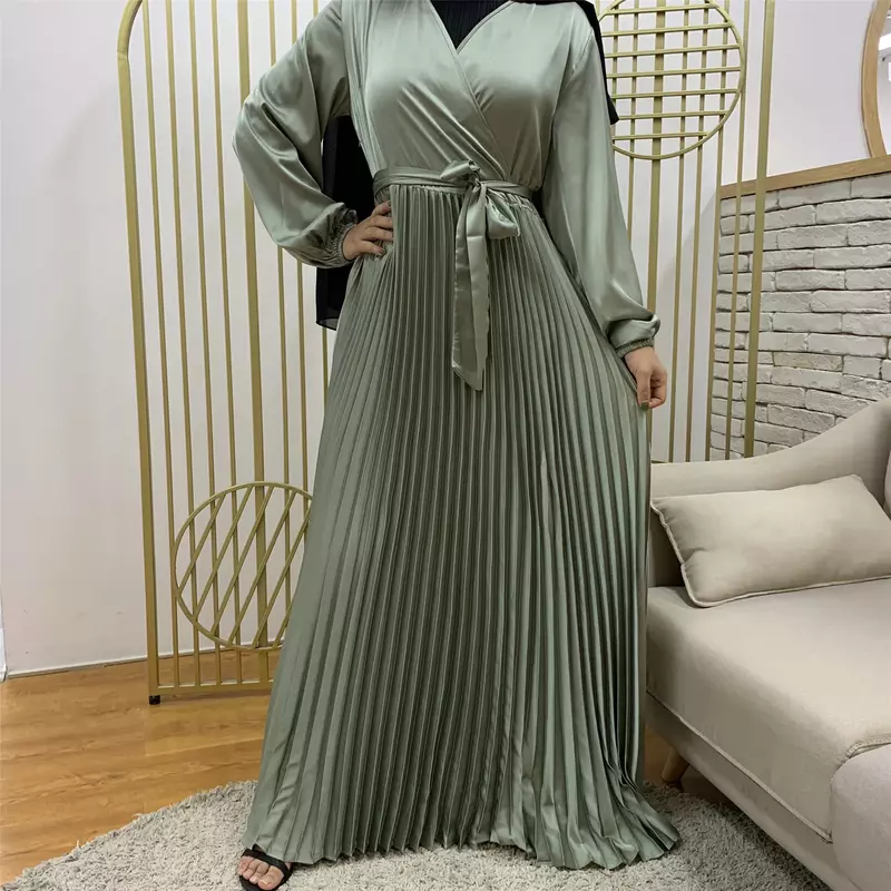 Muslim Dubai Abayas Fold Dress for Women Simple Solid Color Lace-up Turkey Islam Patchwork Muslim Kaftan Robe Muslim Dress Women