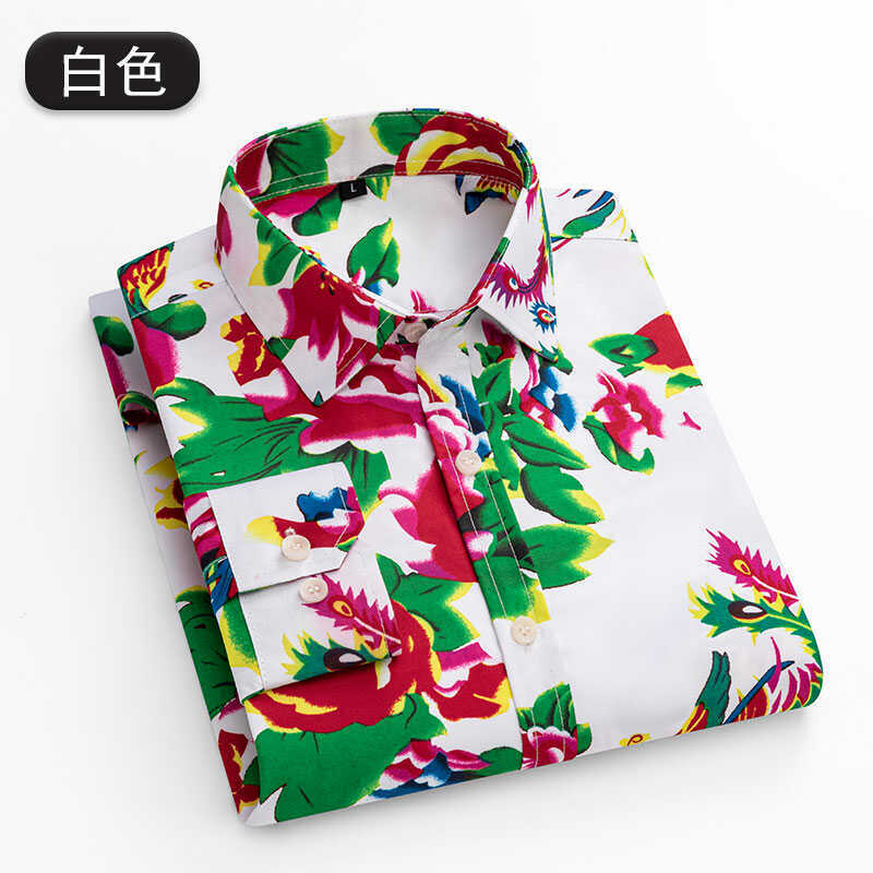 Chiński styl męski Retro druk z piwonią koszula duże kwiatowe północno-wschodniej projekt z długimi rękawami Slim Fit koszule na co dzień klub nocny