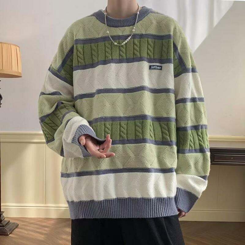 Autumn Winter Retro Contrast Color Striped Knitting Sweater Men O-Neck Long Sleeve Loose Fit Thickened Casual Pullovers Tops
