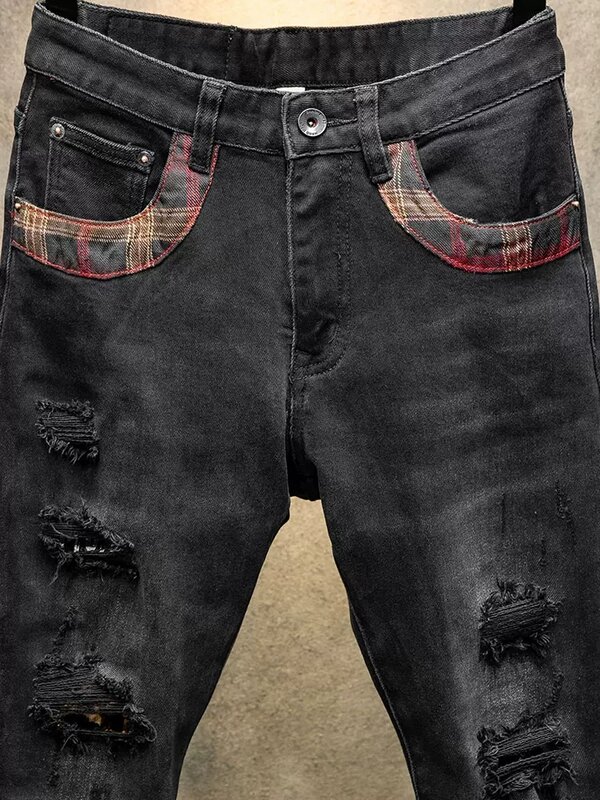 Mode Designer Heren Jeans Retro Zwart Grijs Elastisch Slim Fit Vintage Gescheurde Jeans Heren Multi Pockets Hiphop Denim Broek Hombre