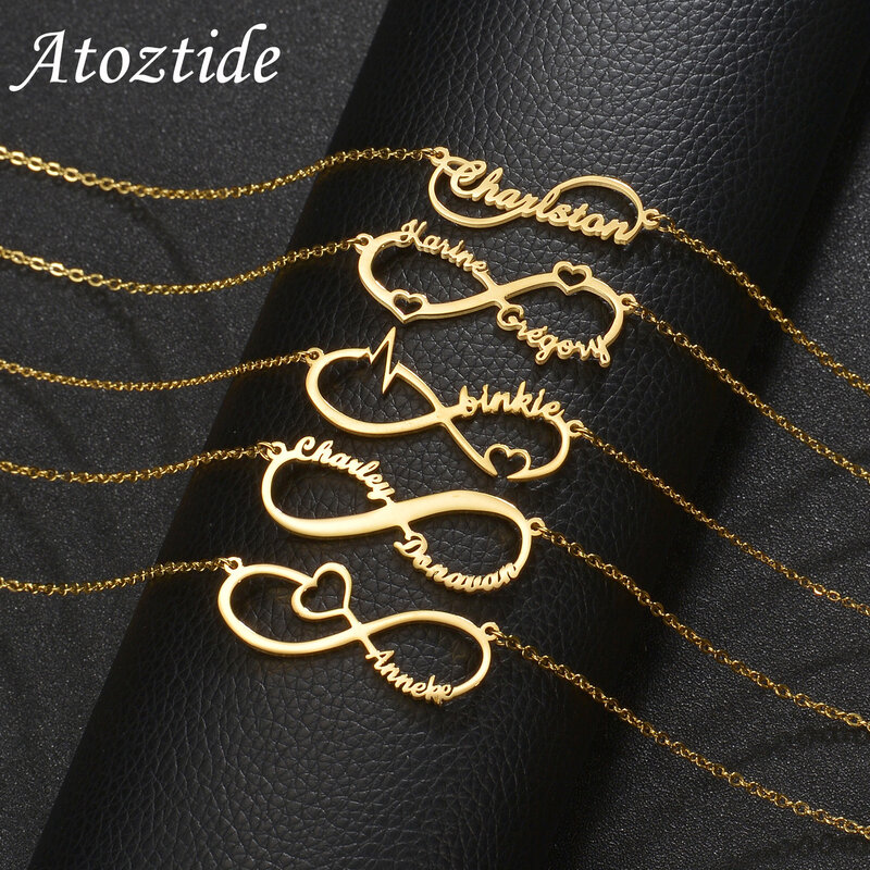 Atoztide personalizado infinito nome colar para as mulheres de aço inoxidável clavícula pingente link corrente aniversário jóias presente