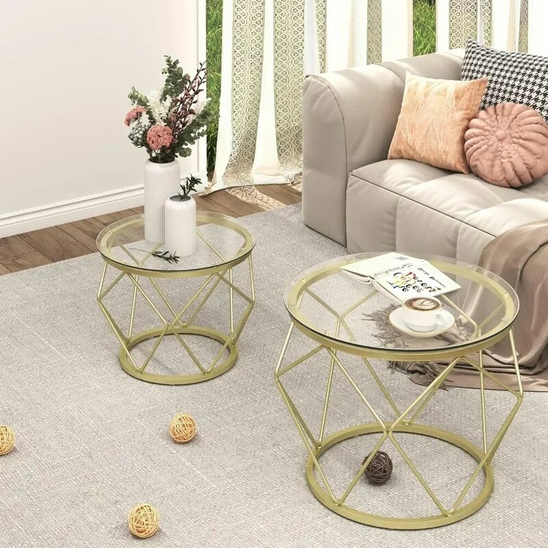 Nuovo tavolino da caffè dorato, Set di 2 tavolini rotondi, tavolino con struttura in metallo e piano in vetro temperato, tavolino moderno con accento
