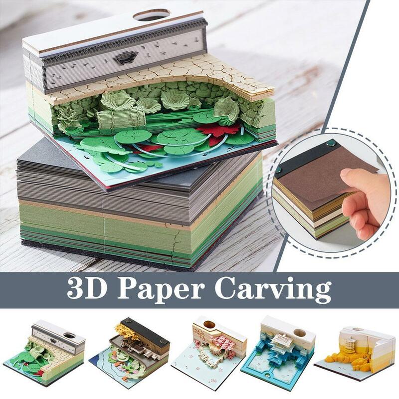 3d Memo Pad Mini Boomhut Model Papier Snijwerk Kunst Plakbriefjes Voor Kantoordecoratie Pennenhouder Hoogwaardige Doe-Het-Zelf Decoratieve Geschenken