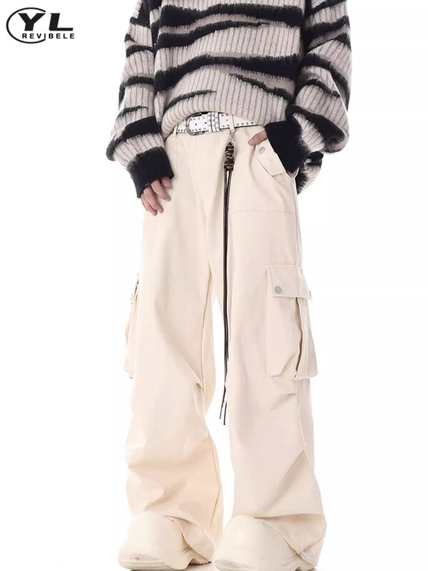 Pantalones Cargo de Bolsillo grande para hombre, Pantalones rectos Vintage holgados de Color sólido, pantalones casuales para correr en la calle, primavera y otoño, Hip Hop, nuevo