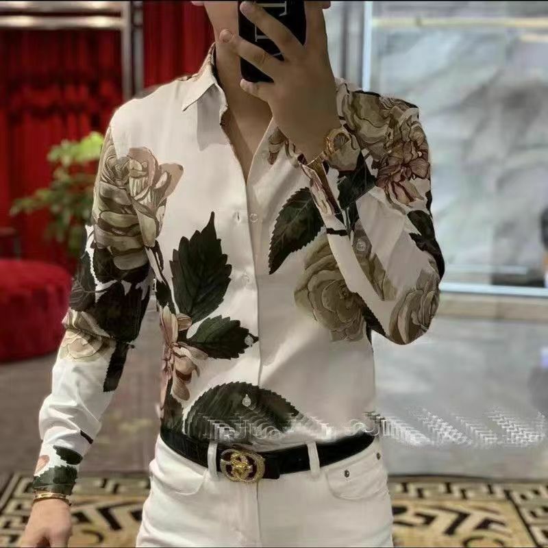 Fashion New Spring and Autumn Men's 2024 Retro Patchwork Square Collar Button Printing Slim Versatile Casual Long Sleeved Shirt