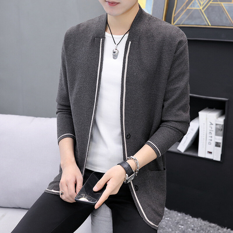 2023 Men's New Knitted Cardigan without Buckle Stand Collar Fashion Outerwear Long Sleeve Sweater