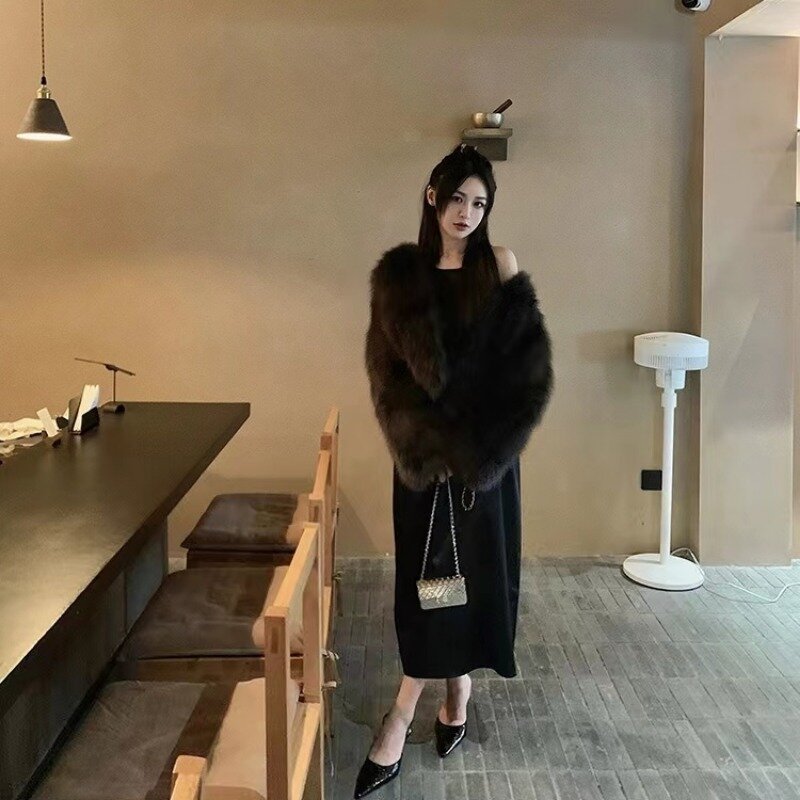 Manteau de fourrure moelleux pour femme, veste courte en fausse fourrure, manches longues chics coréennes, veste en fourrure de renard Harajuku Y2k, marque de luxe, noir, nouveau