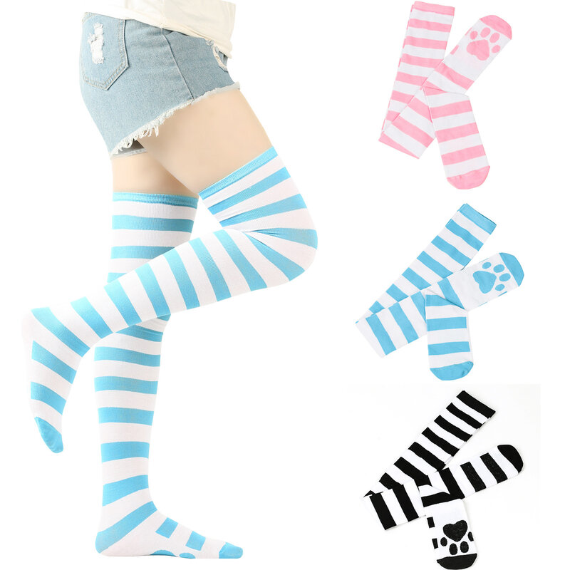 Lolita calcetines largos por encima de la rodilla para niña, medias con estampado de pata de gato Kawaii, rayas de algodón por encima de la rodilla, calcetines altos hasta el muslo para mujer JK